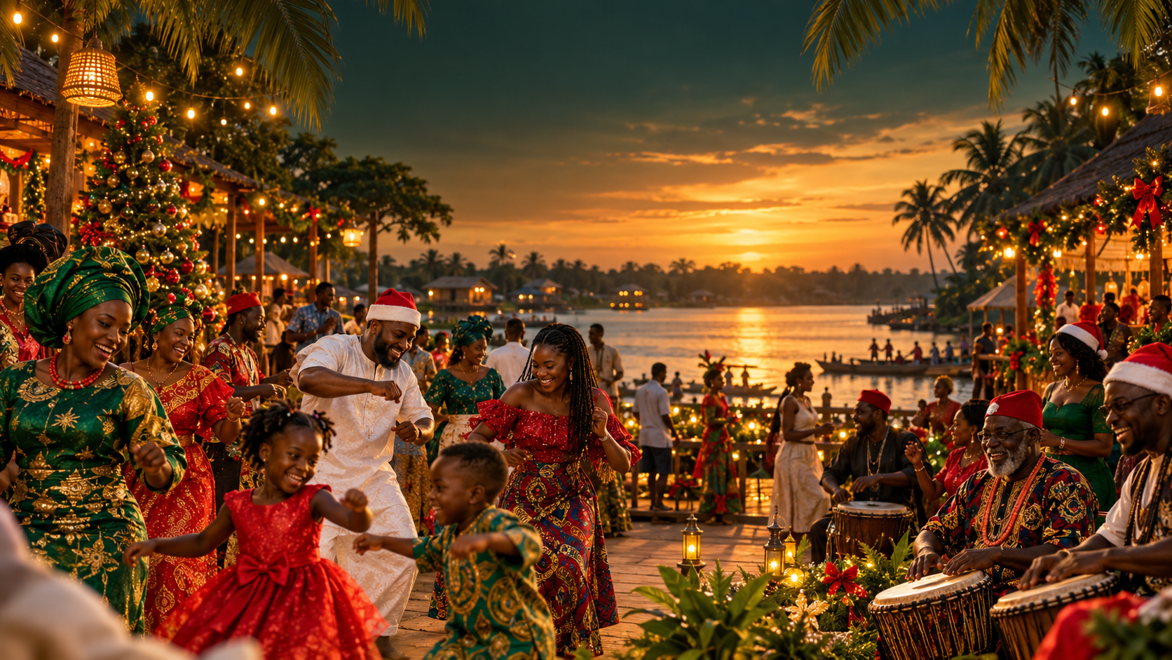 Generated festive concept showing happy Nigerian families celebrating Christmas in a riverside community